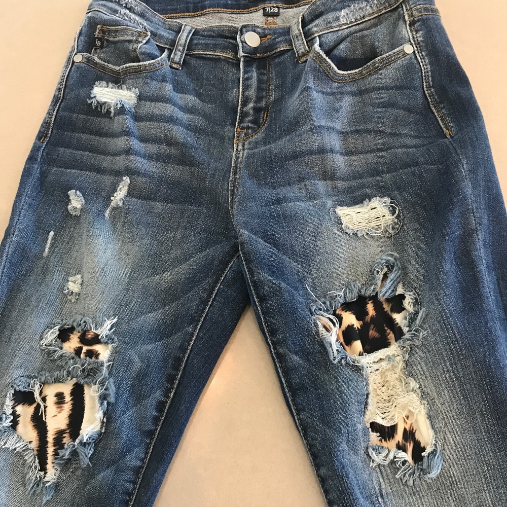 JUDY BLUE Distressed Leopard Print Cut Out Skinny Stretch Denim Jeans 28